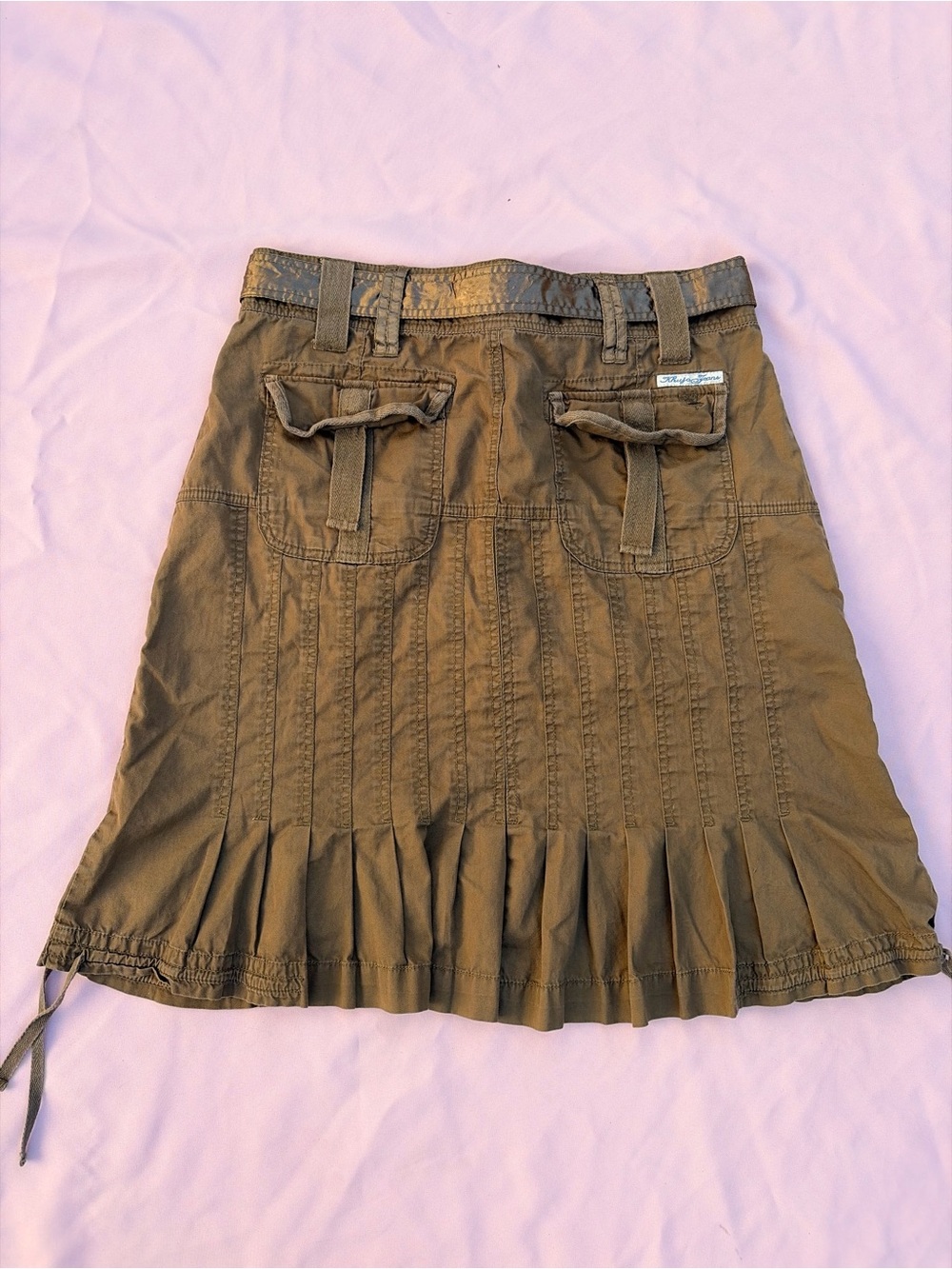 Euro Pleated Khaki Midi Skirt with Utility Pockets